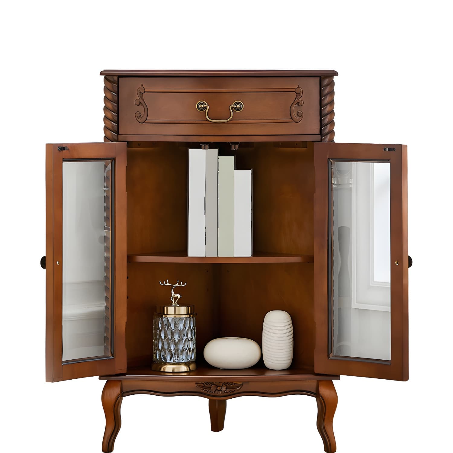 Mid-century Modern Brown Corner Cabinet, Wooden Accent Cabinet with Shelves thumbnail 5