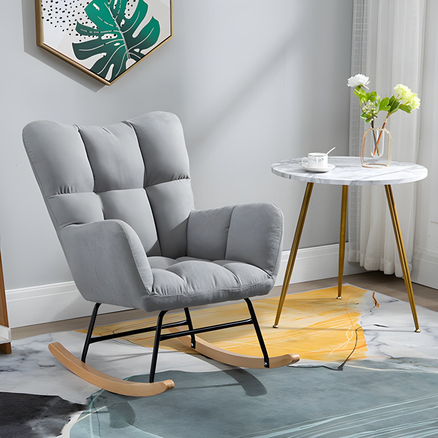 Modern Upholstered Rocking Chair Wingback Rocker Chair for Living Room thumbnail 11