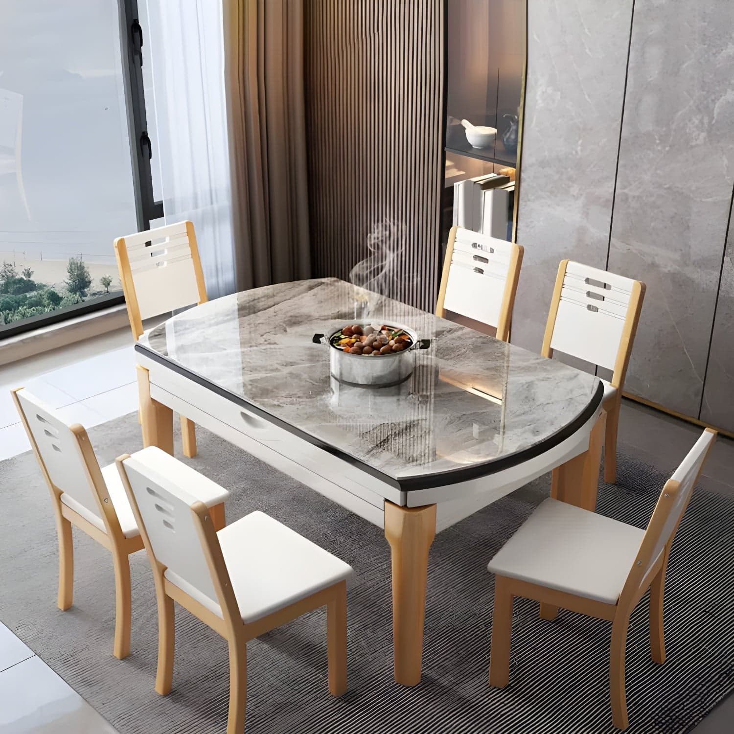Modern Style Stone Furniture 7 Pcs Round Shape Dinette Table with Dining Chairs thumbnail 1