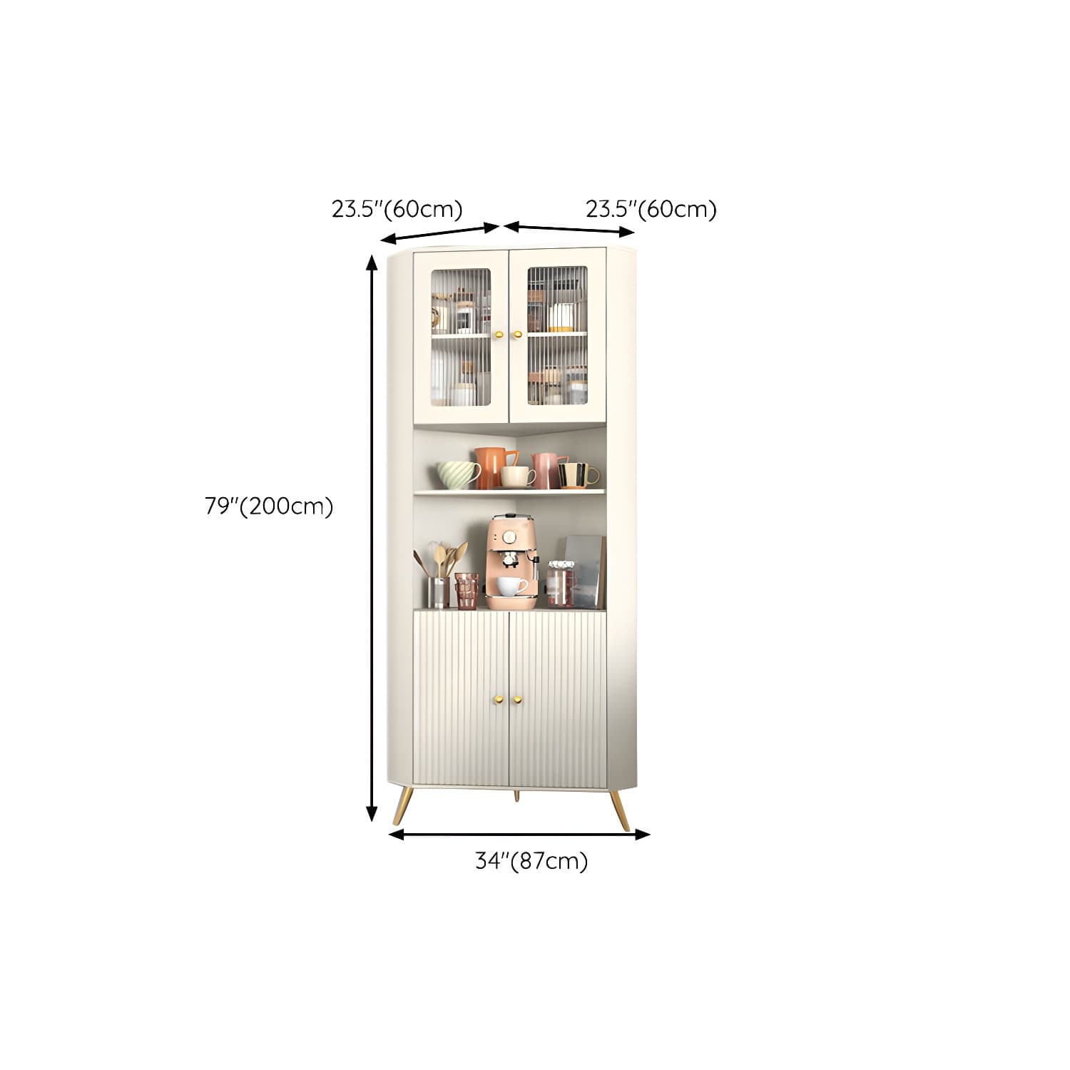 Modern Corner Accent Cabinet with White Wood Countertop, Glass Doors, and Gold Metal Base thumbnail 13