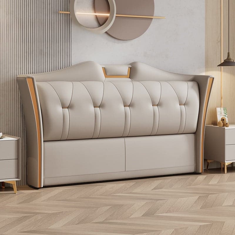 Trendy Wingback Headboard in Natural Wood with No Distressing, Camelback Shape for Queen/Full Bed, Featuring Sponge Upholstery and Standard Height