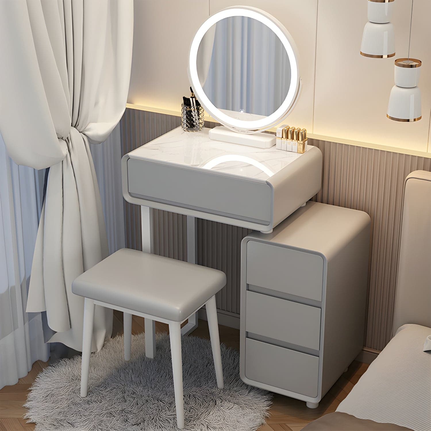 Modern Gray Makeup Vanity with Mirror & Drawers & Seat Included thumbnail 2