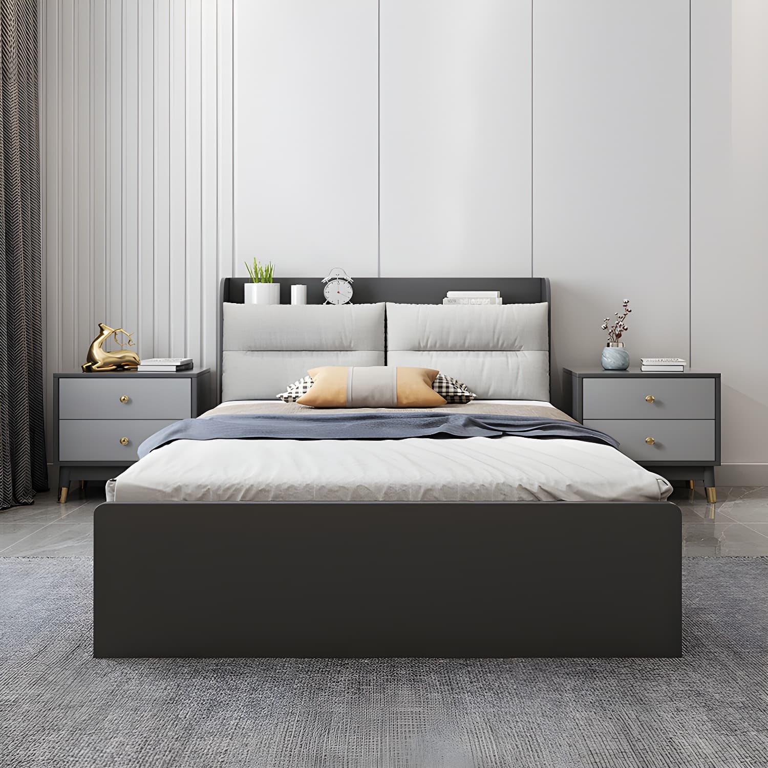 Scandinavian Low Profile Bed with Headboard Upholstered Bed with Drawers thumbnail 6