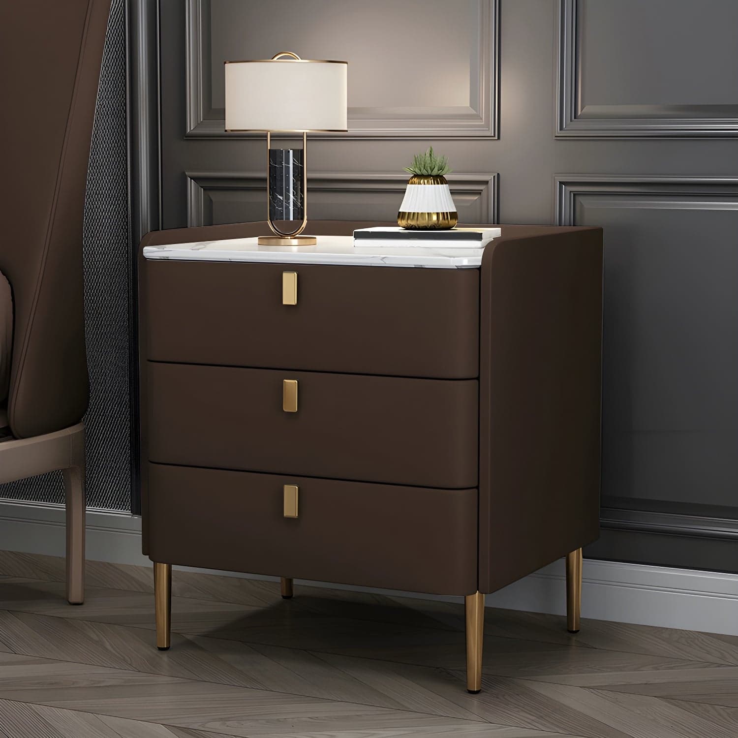 Glam Style Sintered Stone Top Drawer Storage Nightstand for Bedroom thumbnail 7