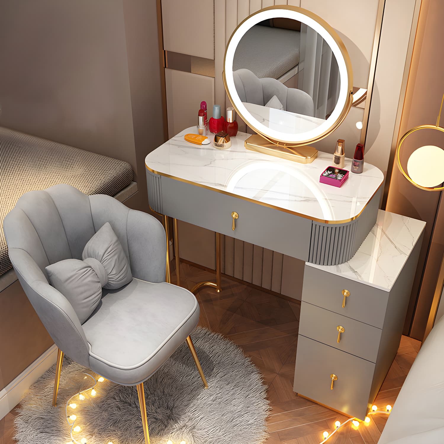 Removable Makeup Counter Bedroom Vanity Dressing Table with Lighted Mirror thumbnail 6
