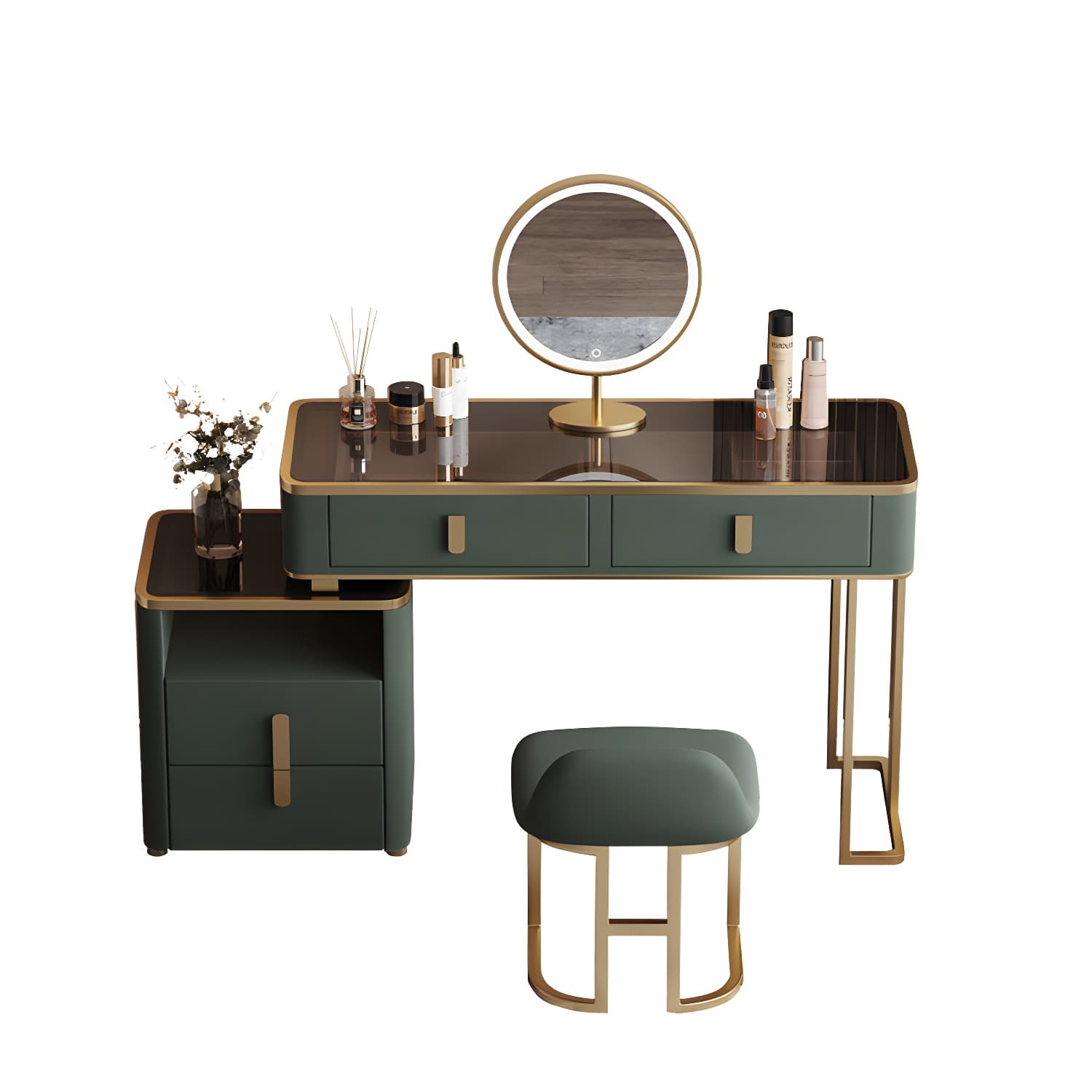 Glass Top Dressing Table Solid Wood Green Make-up Vanity with Drawers thumbnail 5