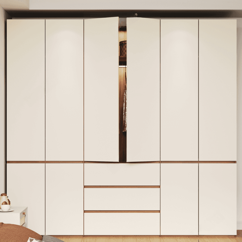 Beige Minimalist Manufactured Wood Wardrobe Closet with Soft Close Drawer, Soft Close Door, Interior Shelves, and Clothing Rod thumbnail 2
