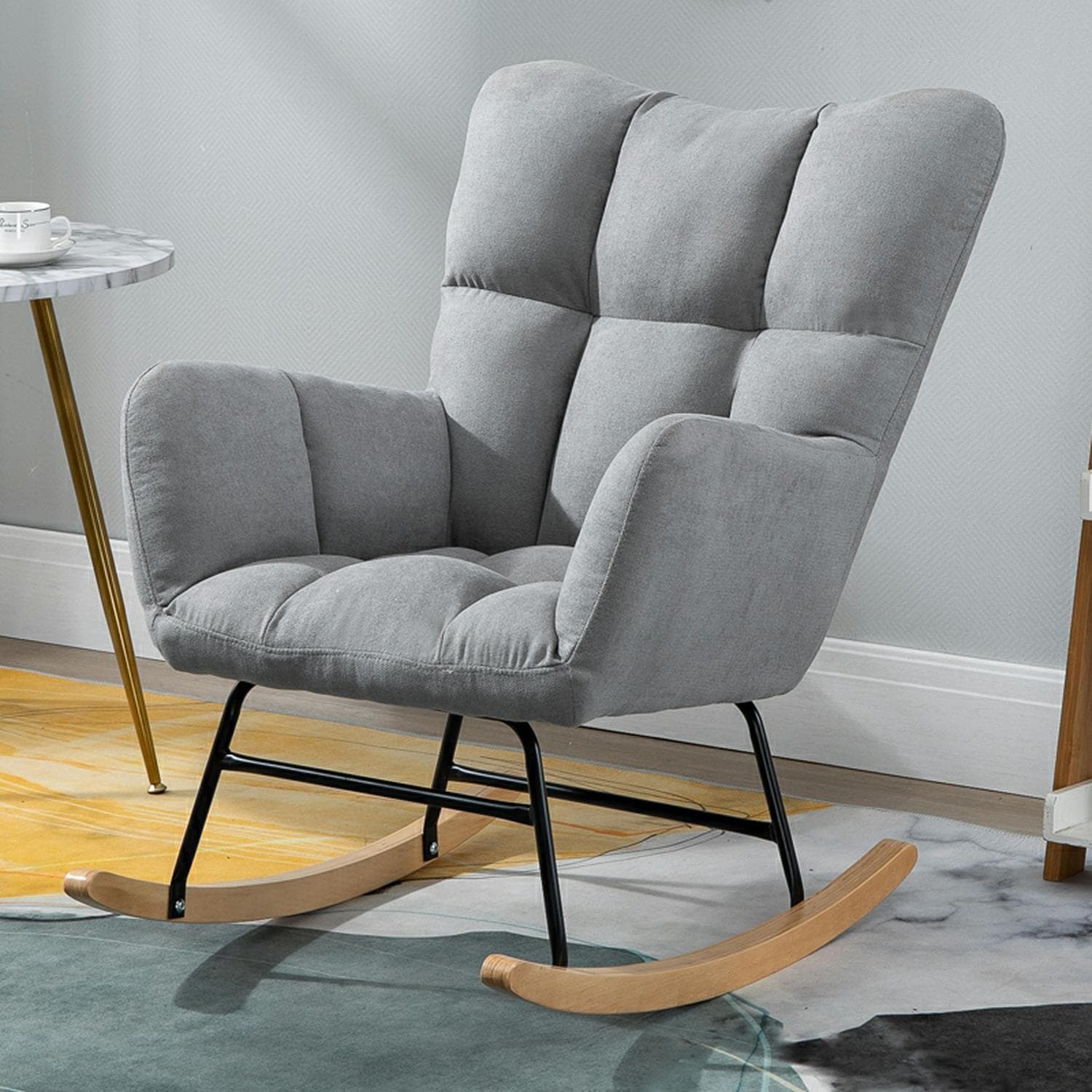 Stylish Modern Upholstered Rocking Chair with Tufted Design and Wood Legs - Support Up to 398 lbs thumbnail 7