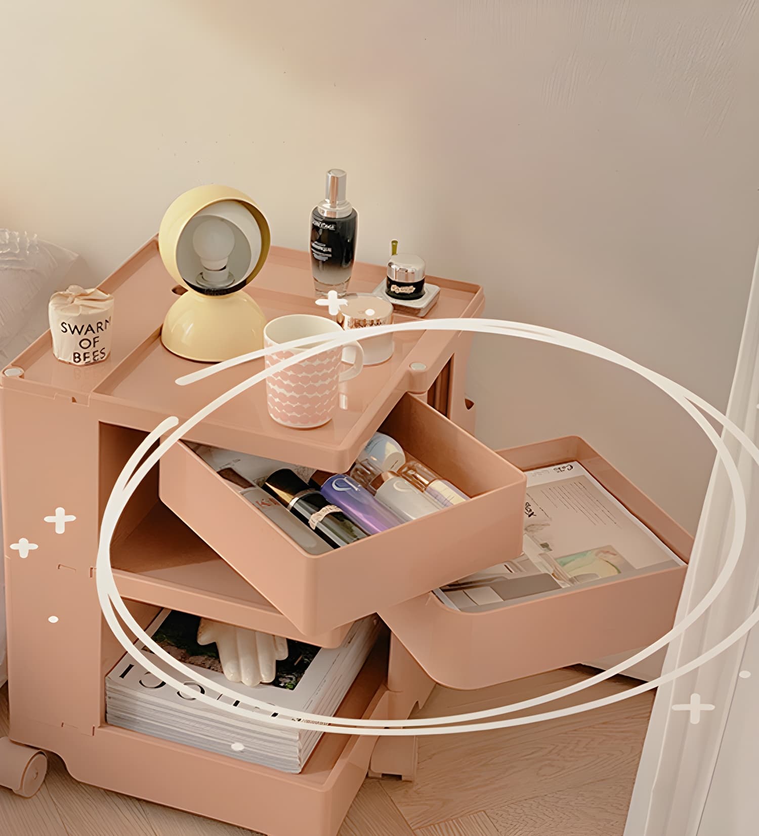 Modern Plastic Night Table Open Storage Night Stand with Wheels thumbnail 16
