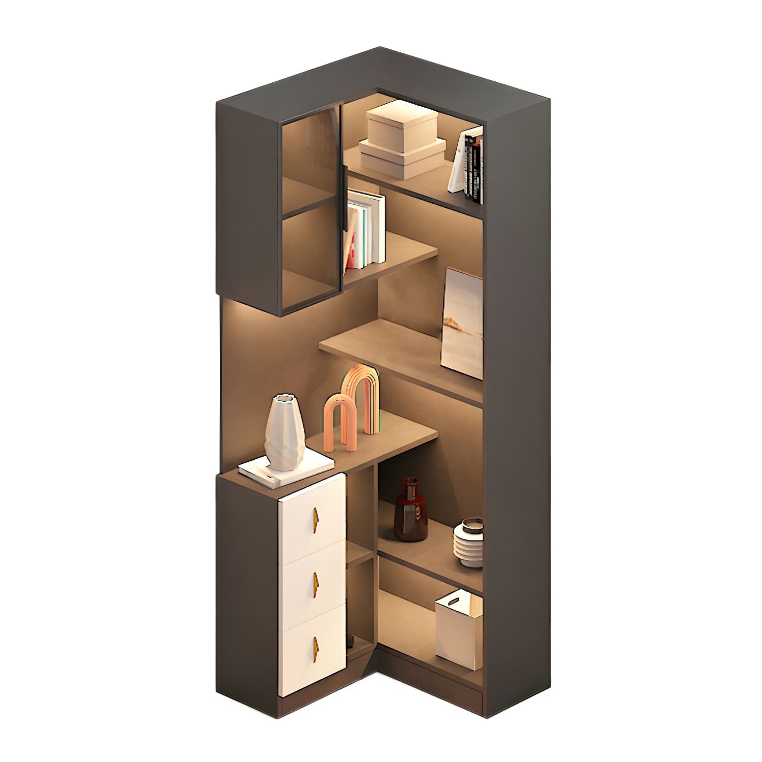 Corner Modern Accent Cabinet with Wood Counter Top, Glass Doors, Drawers, and Adjustable Shelves thumbnail 7