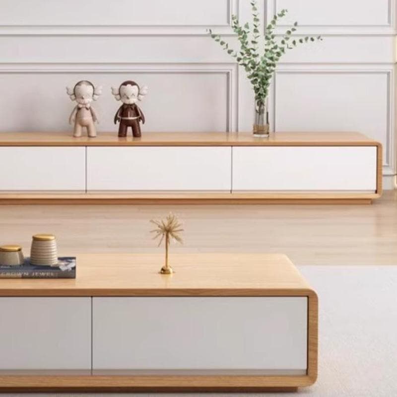 Contemporary Oblong Wood TV Stand in Natural and White with Drawers thumbnail 6