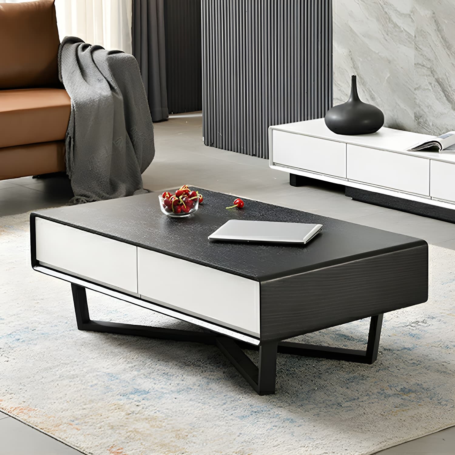 Rectangular Wood Modern Coffee Table with Black Metal Cross Legs and Storage Drawers thumbnail 16
