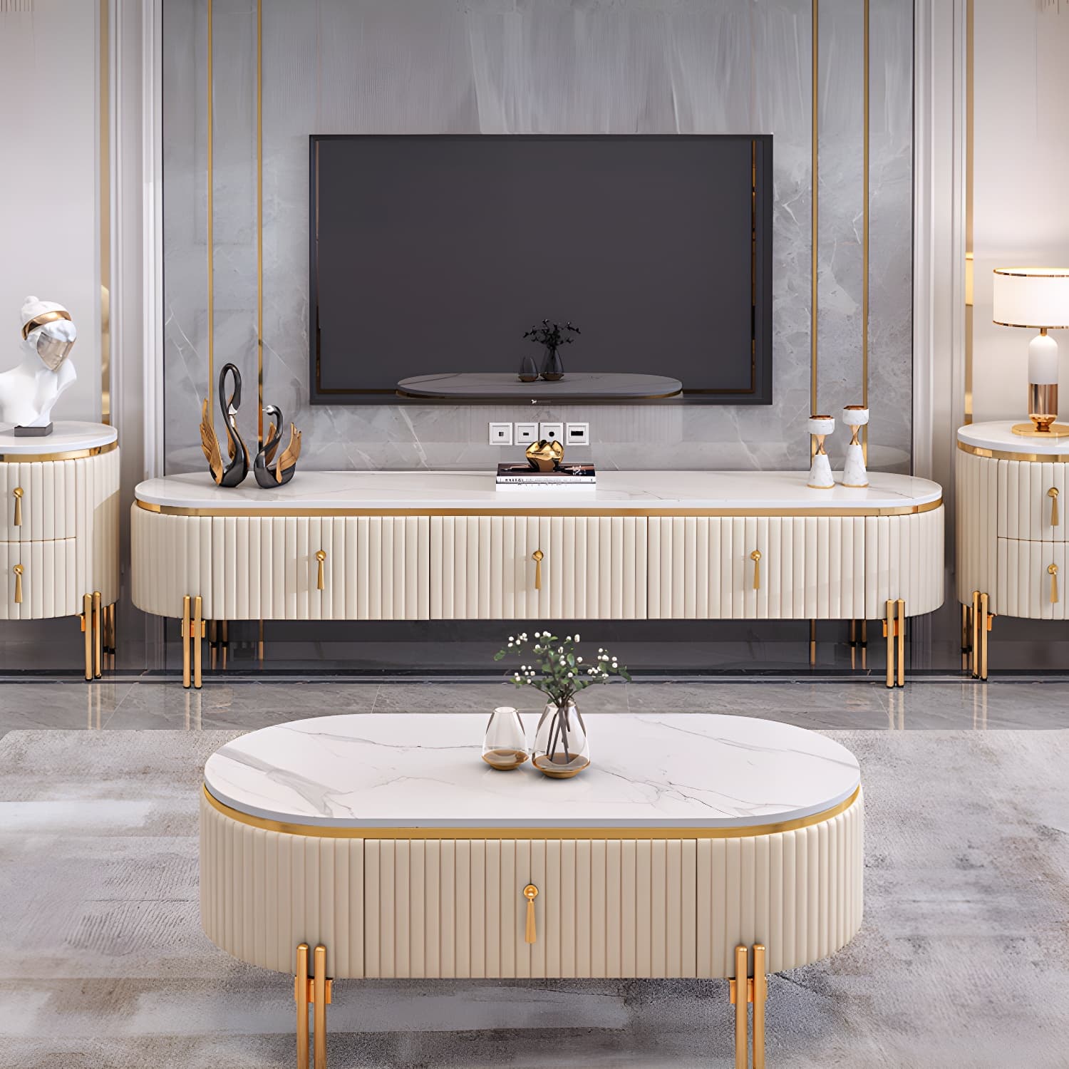 White TV Cabinet Modern Style TV Stand with Storage for Living Room thumbnail 1