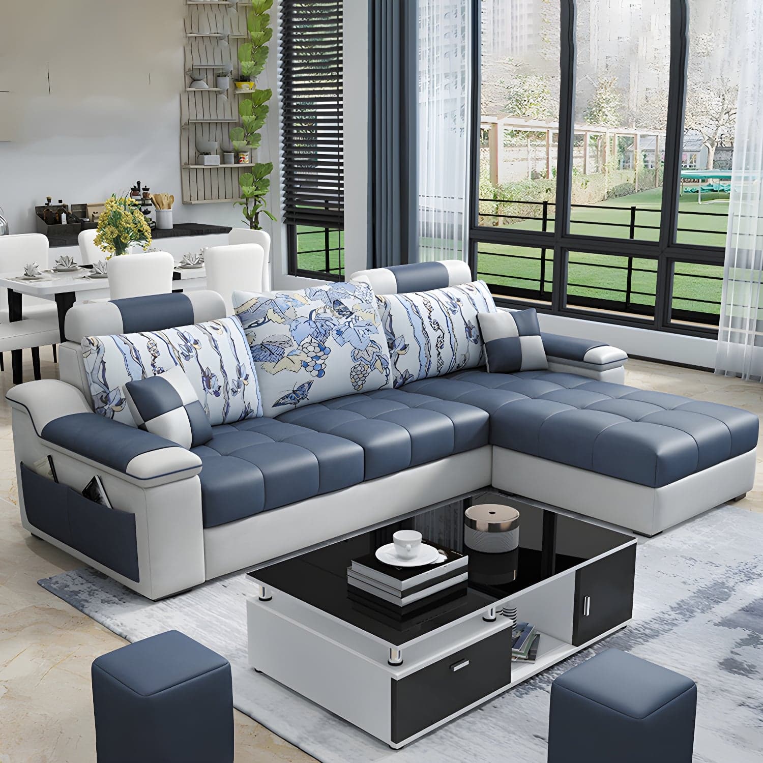 3-Seater Cotton Blend and Faux Leather L-Shape Sectionals Sofas thumbnail 3