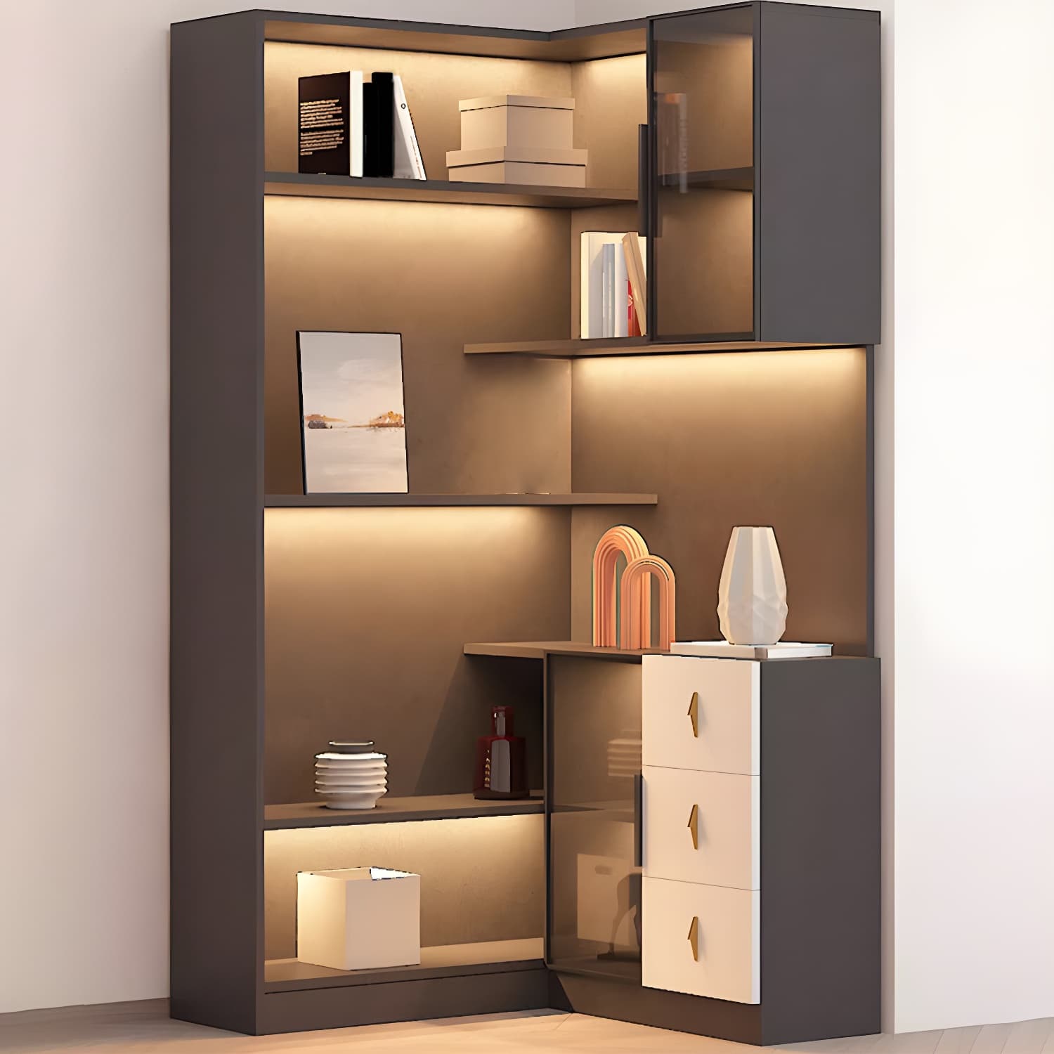 Corner Modern Accent Cabinet with Wood Counter Top, Glass Doors, Drawers, and Adjustable Shelves thumbnail 4