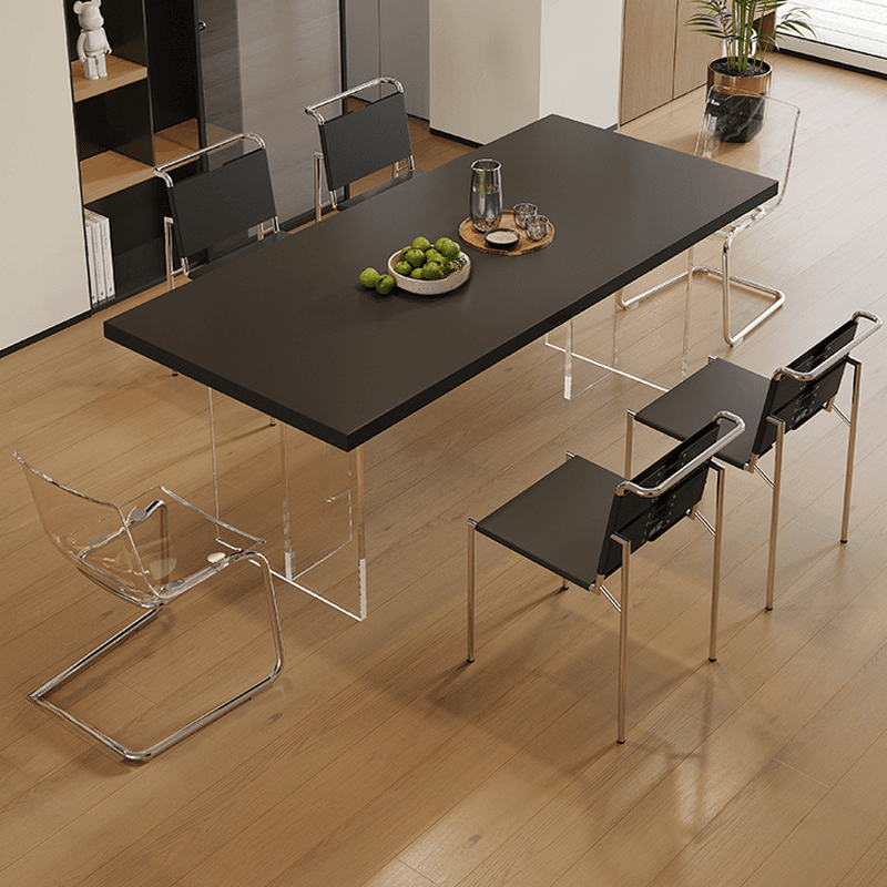Minimalist Rectangular Dining Table Set with Two-sided Pedestal and Fixed Table, Featuring Back Chairs in Midnight Black thumbnail 4