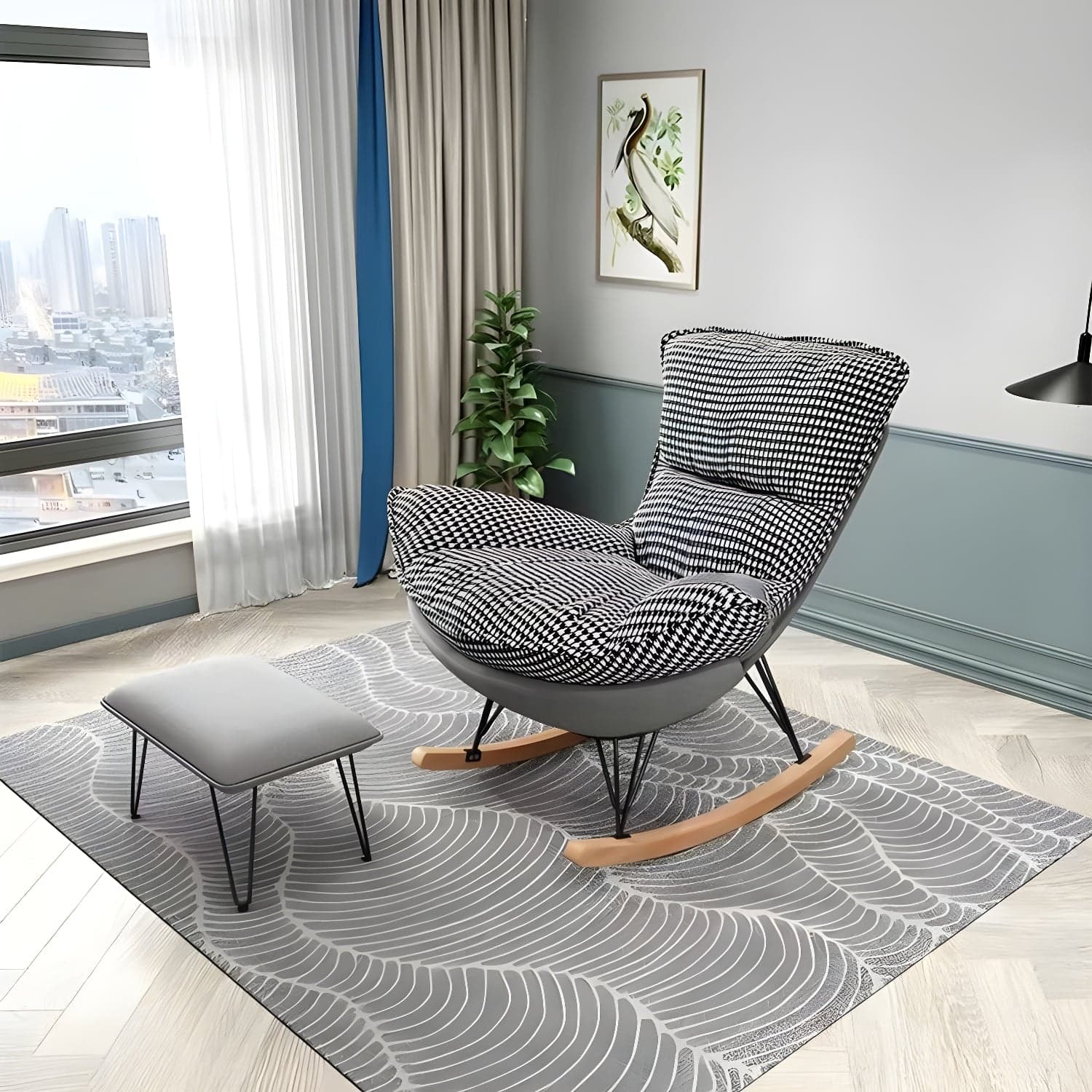 Modern Glider Chair Solid Pure Color Faux Leather Rocker Chair with Ottoman thumbnail 3