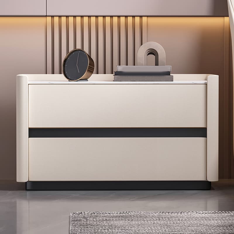 Modern Faux Leather Nightstand with 2 Drawers in Stone Countertop thumbnail 11