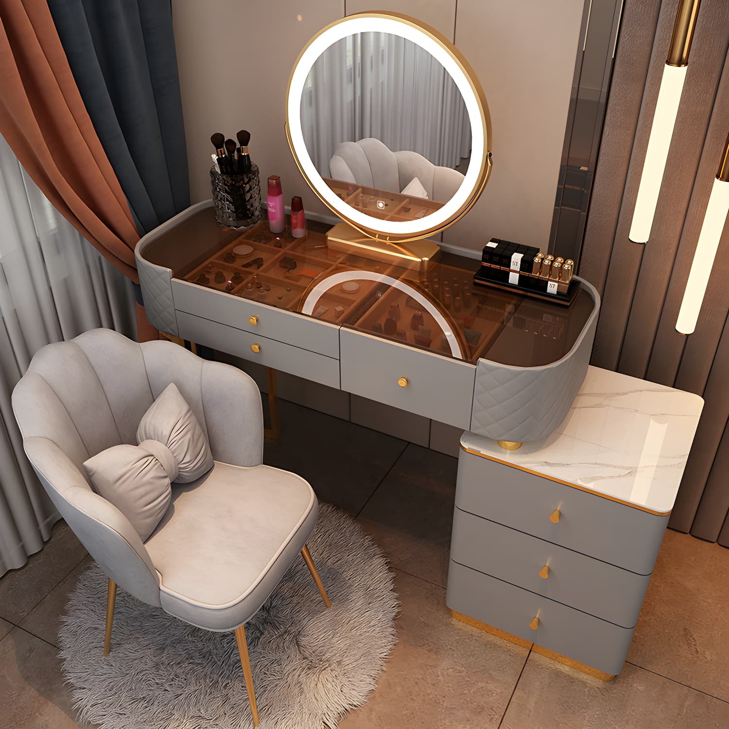 Lighted Mirror & Jewelry Makeup Vanity Metal Dressing Table Stool Set thumbnail 7