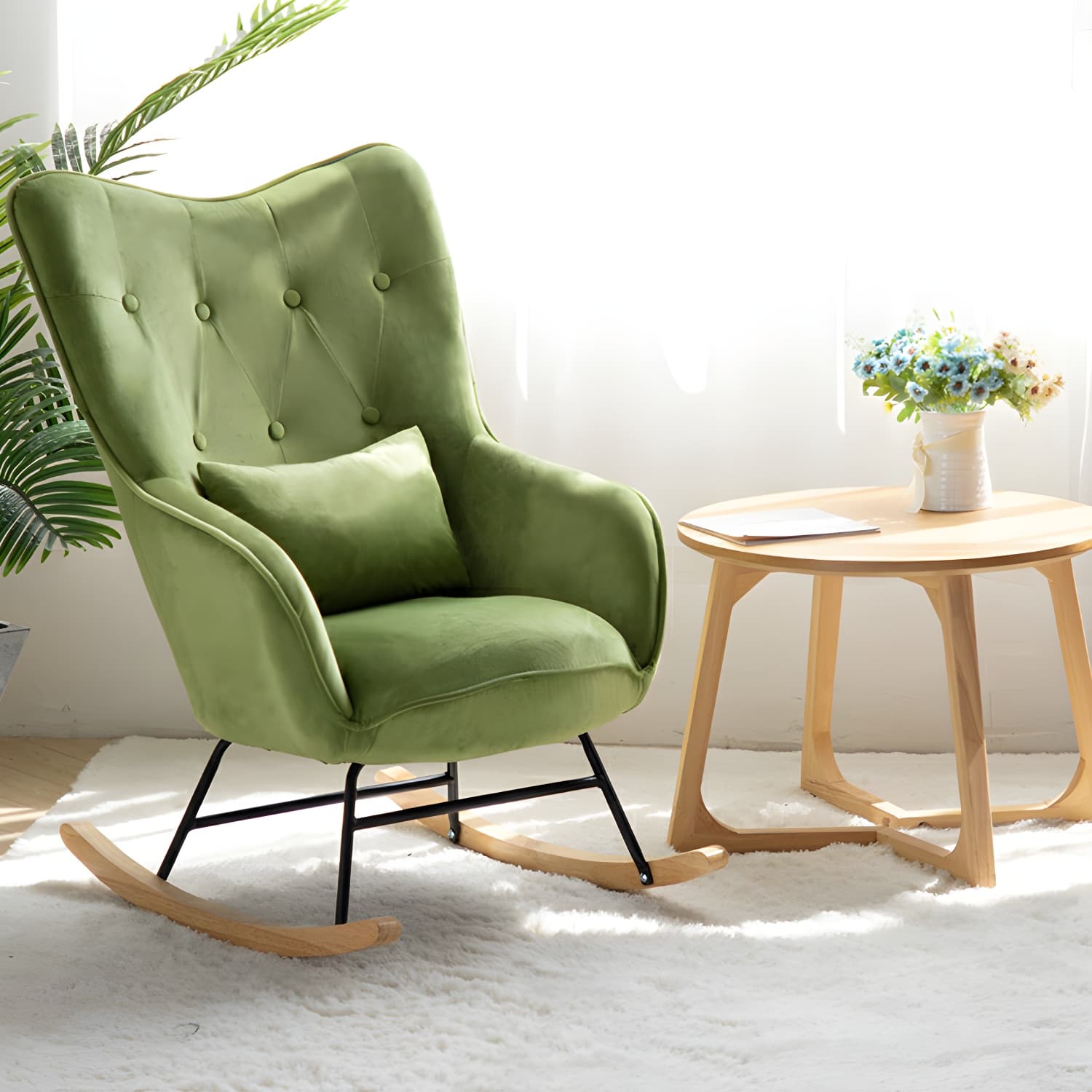 Stylish Modern Upholstered Rocking Chair with Natural Wood Legs and Tufted Back Cushion thumbnail 11
