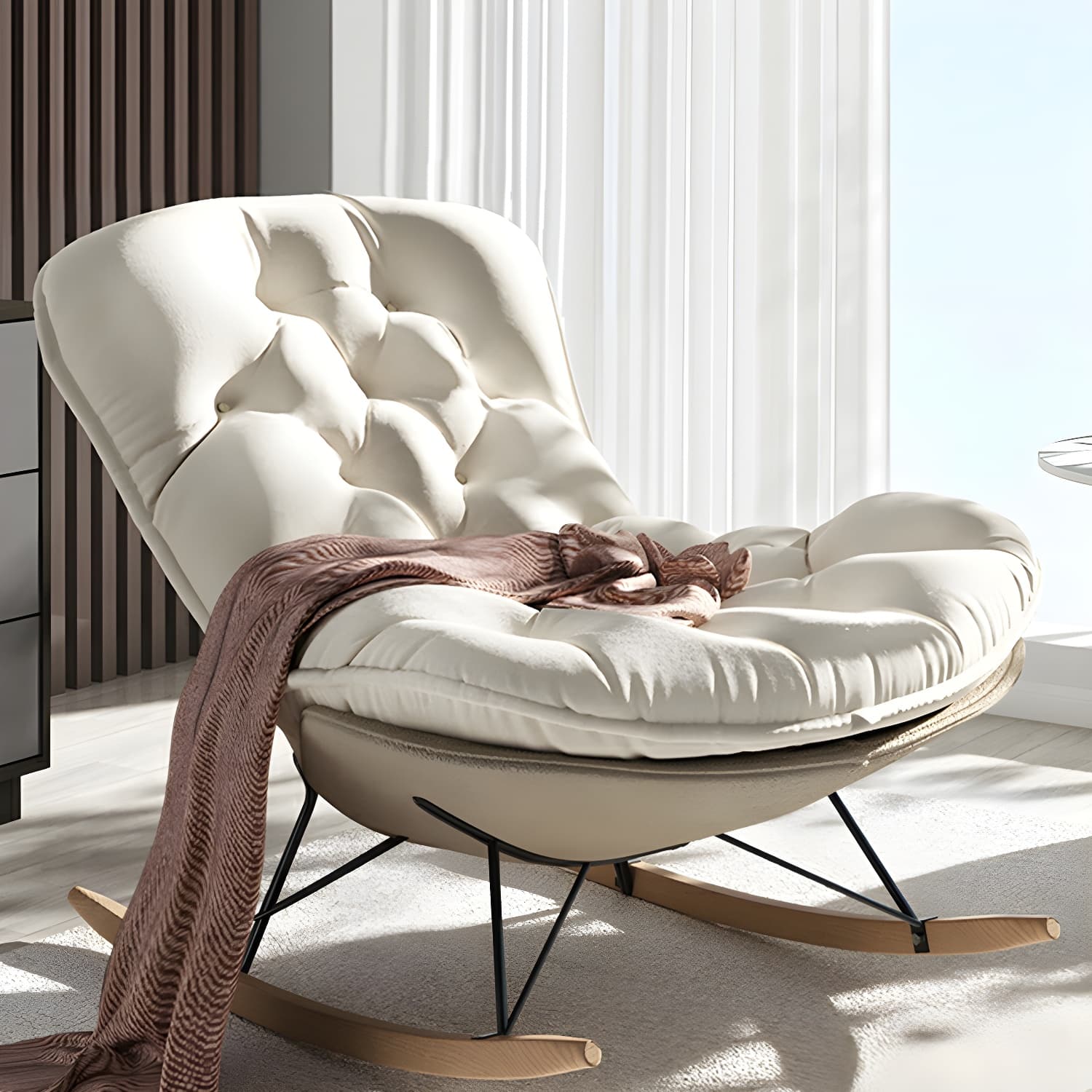 Stylish and Comfortable Modern Upholstered Indoor Rocking Chair with Natural Wood Legs
