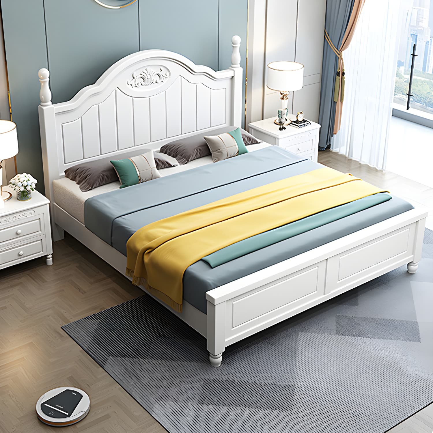 French Country Bed 83.46" Long Bed with Arched Headboard in White thumbnail 2