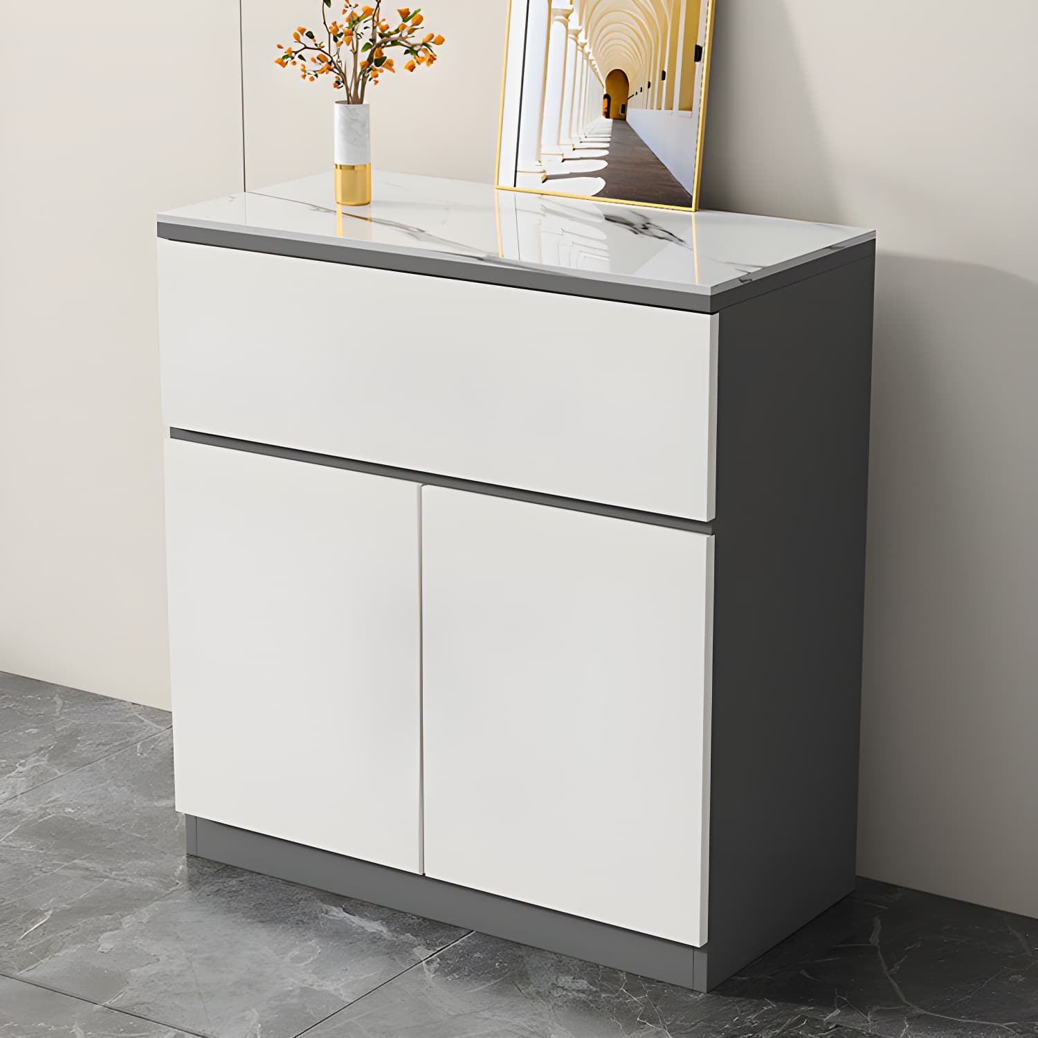 Contemporary Stone Top Sideboard Cabinet with Drawer and Door