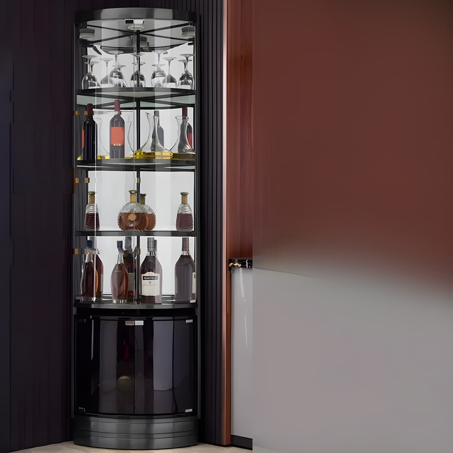 Corner Modern Accent Cabinet with Wood Counter Top, Glass Doors, and Metal Base thumbnail 4