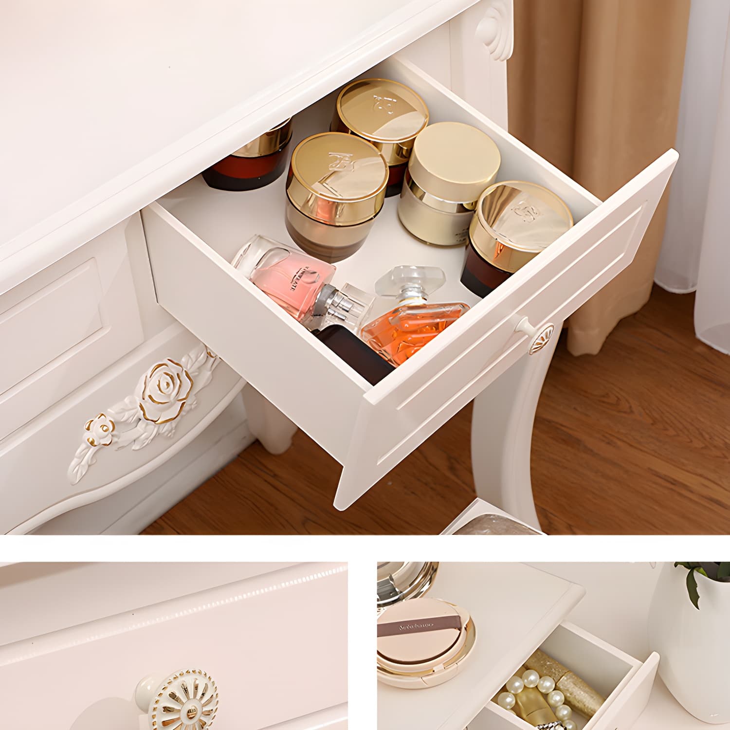 Victorian Bedroom With Drawer Mirror Solid Wood Makeup Vanity Set thumbnail 11