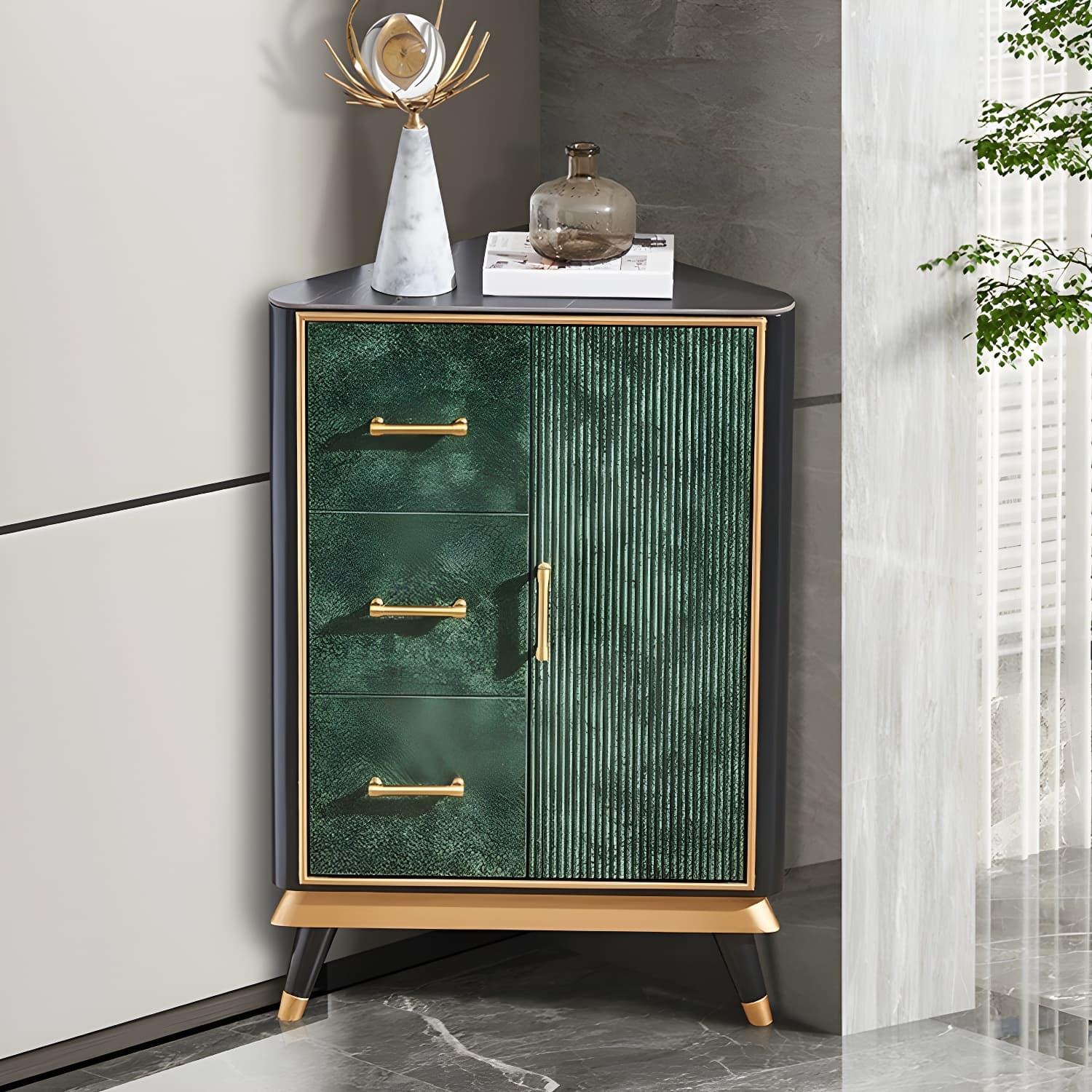 Glam Corner Accent Cabinet with Black Stone Countertop and Wood Base for Small Spaces thumbnail 1