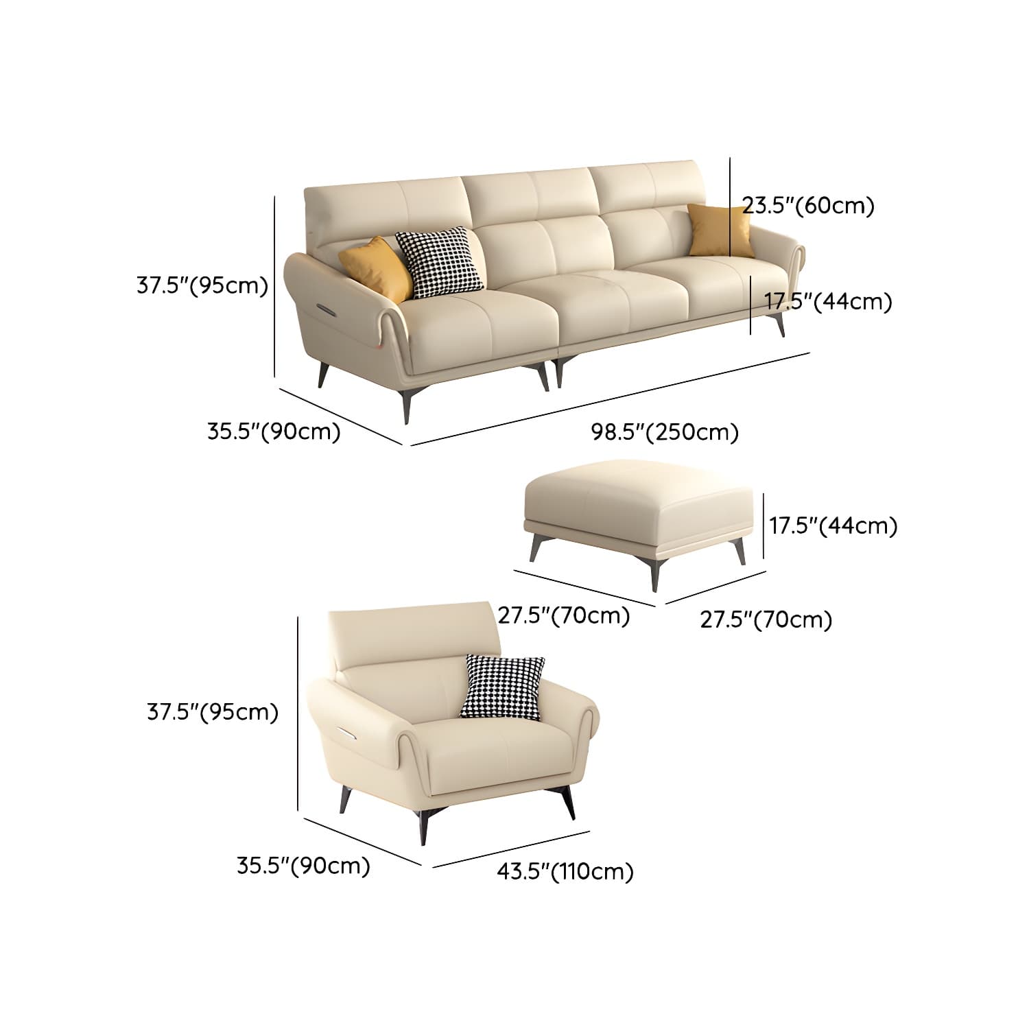 Faux Leather Flared Arm Sofa in Beige of 37.4" H with Cushions thumbnail 23