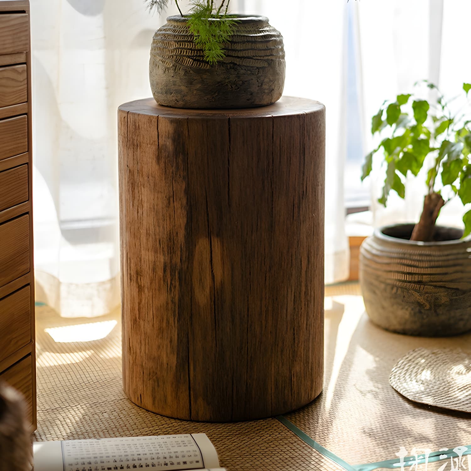 Round Wood Mid-Century Modern Coffee Table with Drum Base and Distressed Finish thumbnail 6