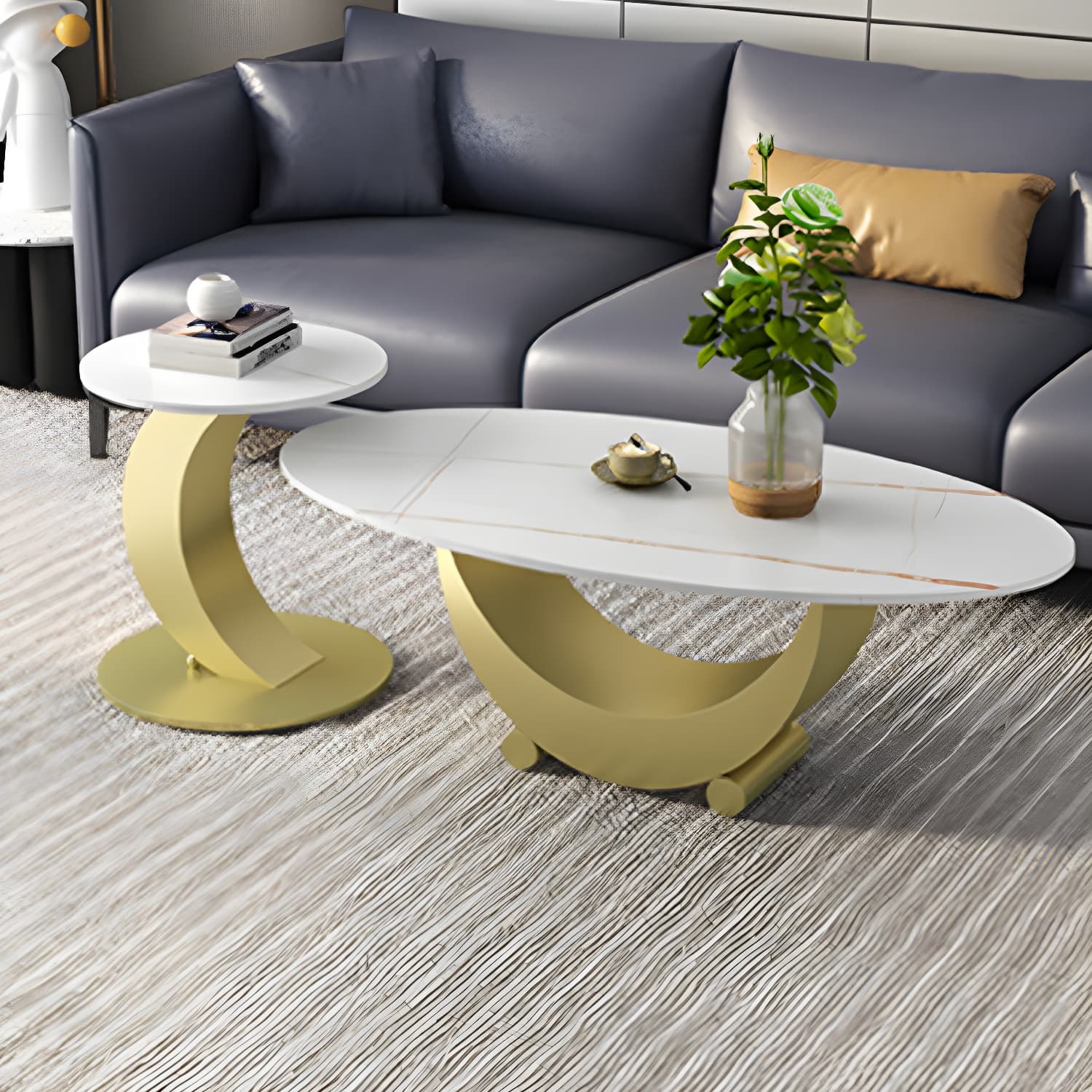 2 Piece Nesting Tables Oval Minimalist Modern Coffee Table Set thumbnail 14