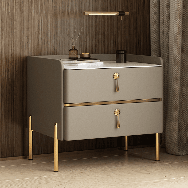 Stylish/Art Deco Drawer Storage Nightstand with 2 Drawers, Stone Countertop, and Leg thumbnail 2