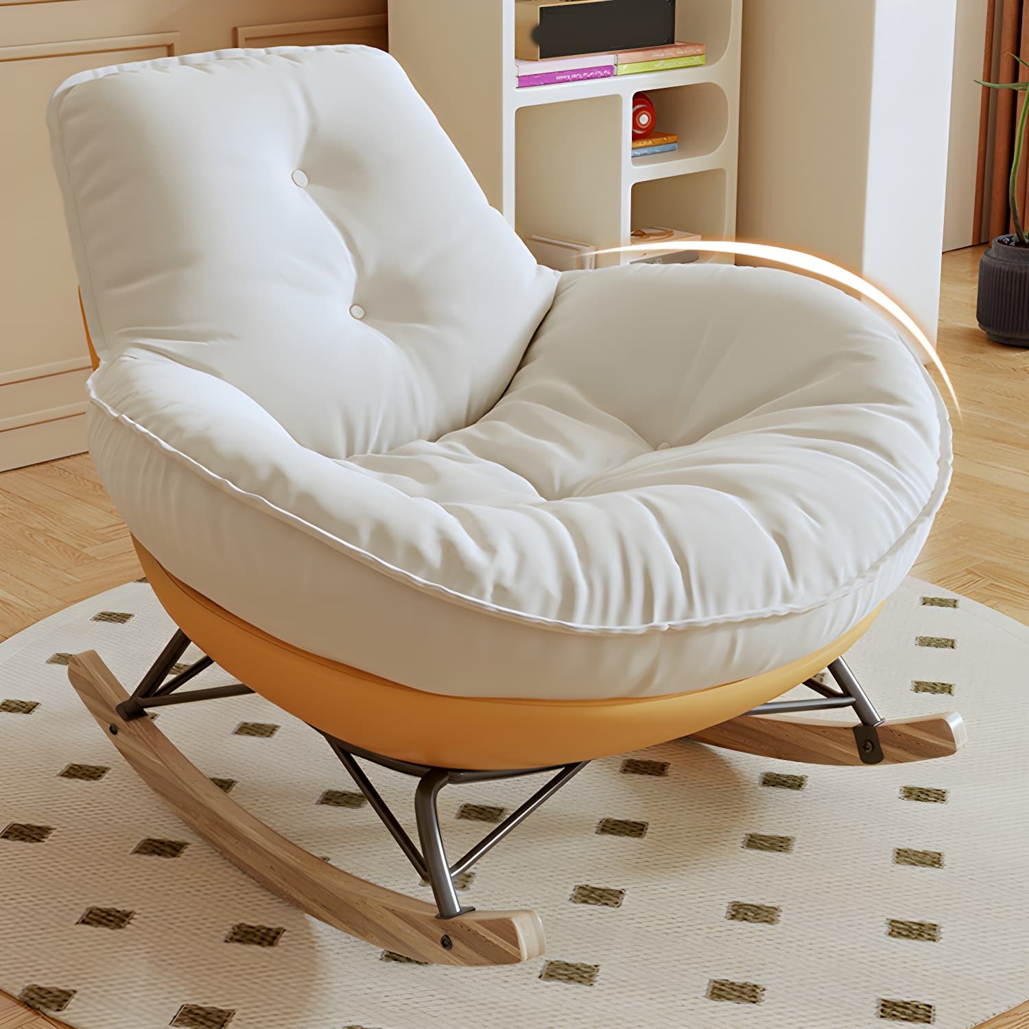 Indoor Contemporary Rocking Chair with Beige Upholstered and Wood Legs thumbnail 19