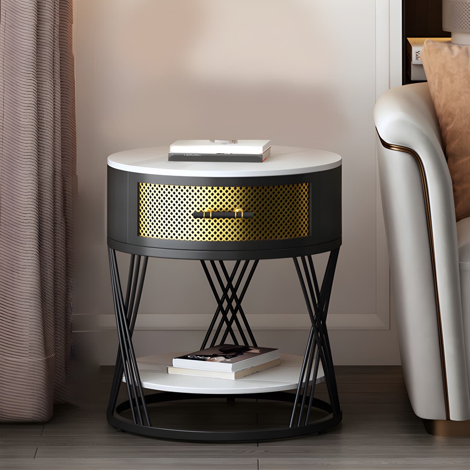 Glam Stone Top Night Table Open Storage 1-Drawer Metal Legs Included Nightstand thumbnail 5