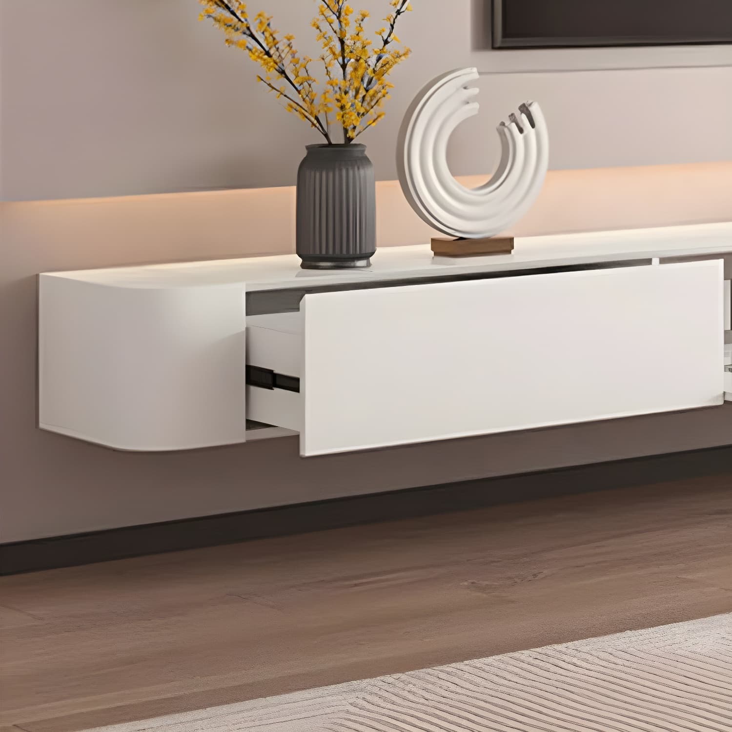 Scandinavian Solid Wood Frame Wall-mounted TV Media Stand with Drawers and Door thumbnail 9