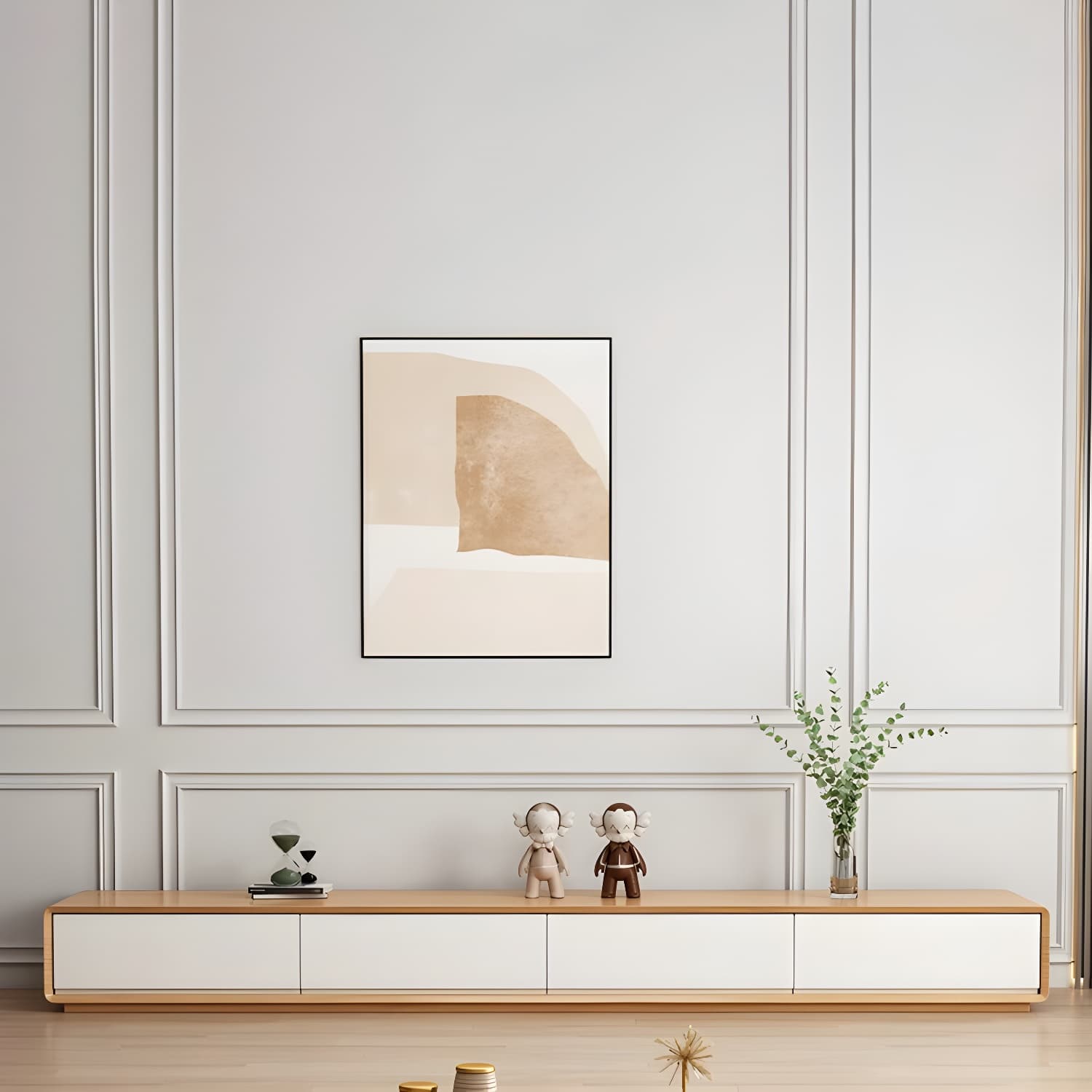 Contemporary Oblong Wood TV Stand in Natural and White with Drawers thumbnail 5