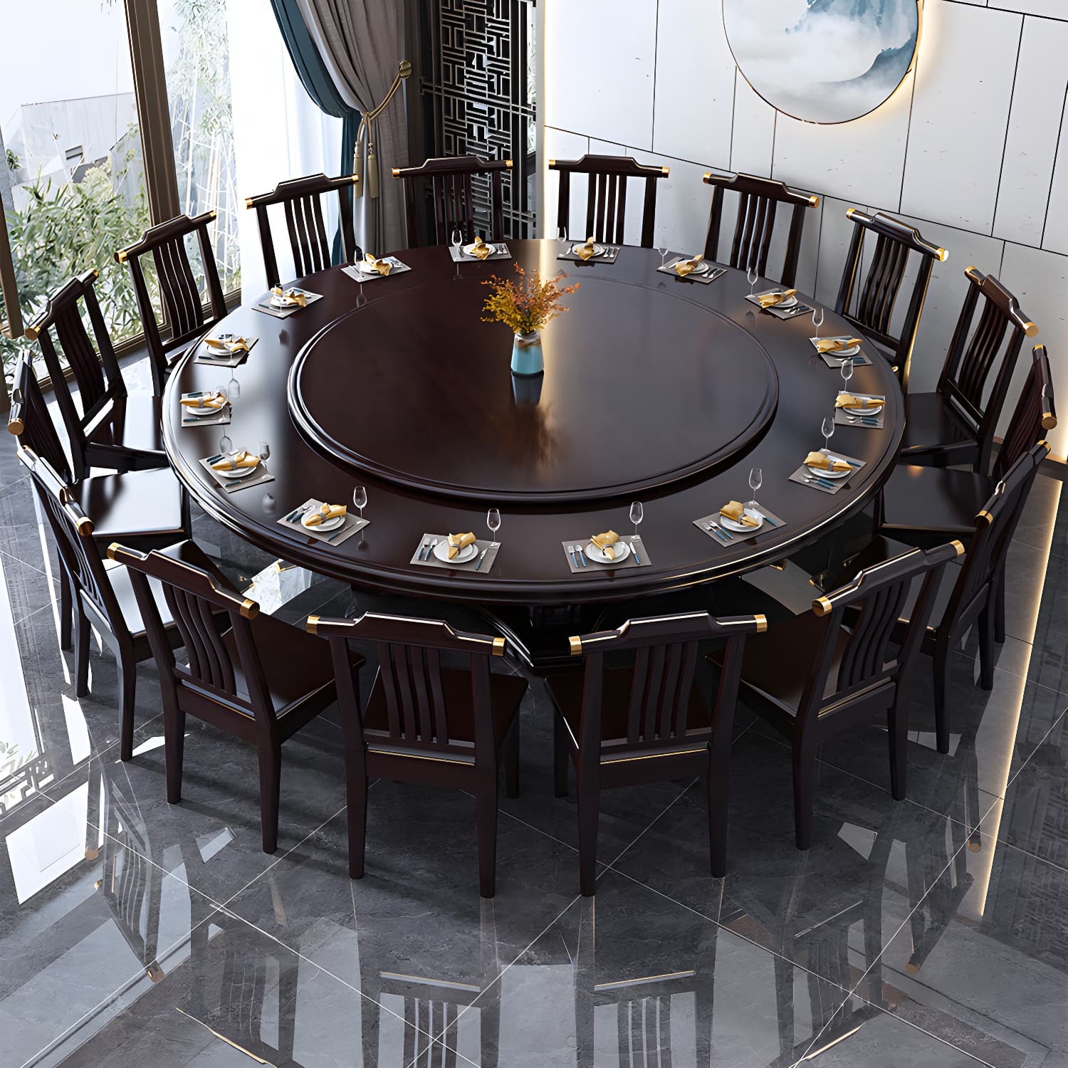 Round Solid Wood Dining Table Modern Turntable Furniture with Pedestal Base thumbnail 7