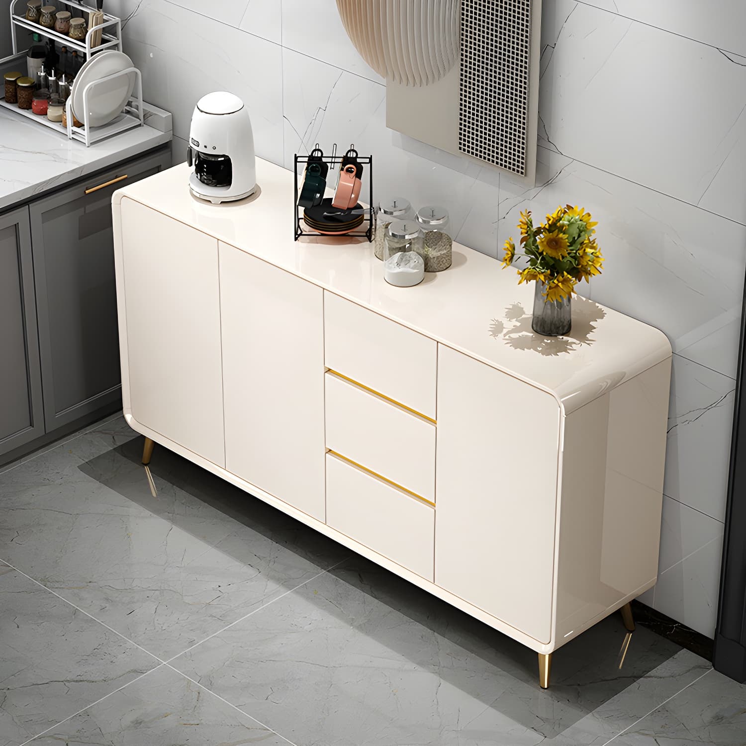 White Glam Sideboard Credenza with Adjustable Shelving and 3 Drawers thumbnail 3