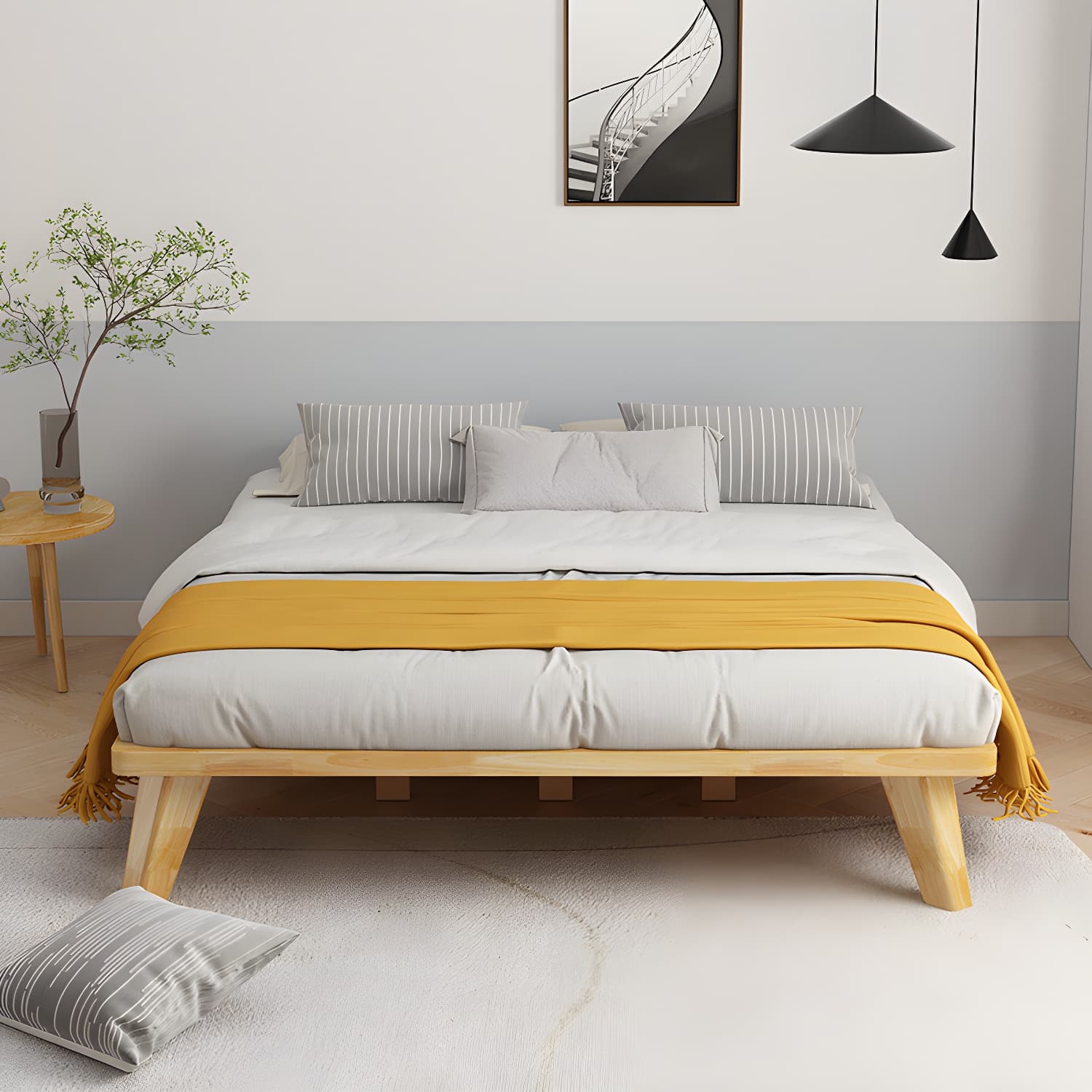 Natural Upholstered Wooden Bed Frame Nordic 13.39" H Platform Bed thumbnail 1
