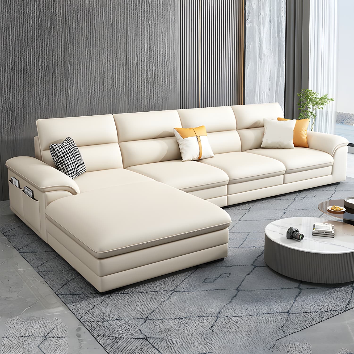 Modern Beige Stationary Sectional Sofa in Scratching Cloth with Wood Frame and Pillow Top Arms thumbnail 1