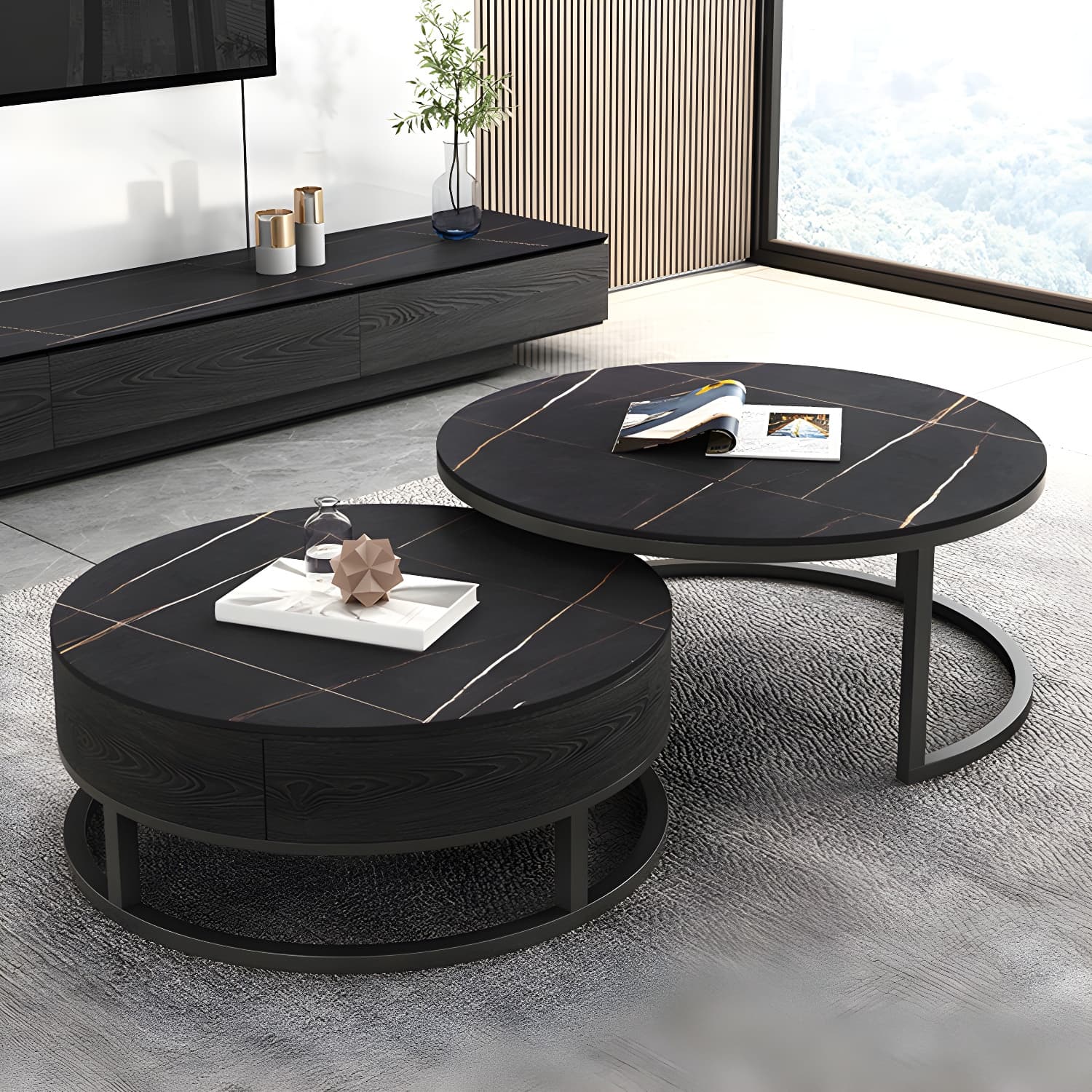 Set of 2 Round Stone Top Modern Nesting Tables with Black Metal Frames and Drawers Included thumbnail 11