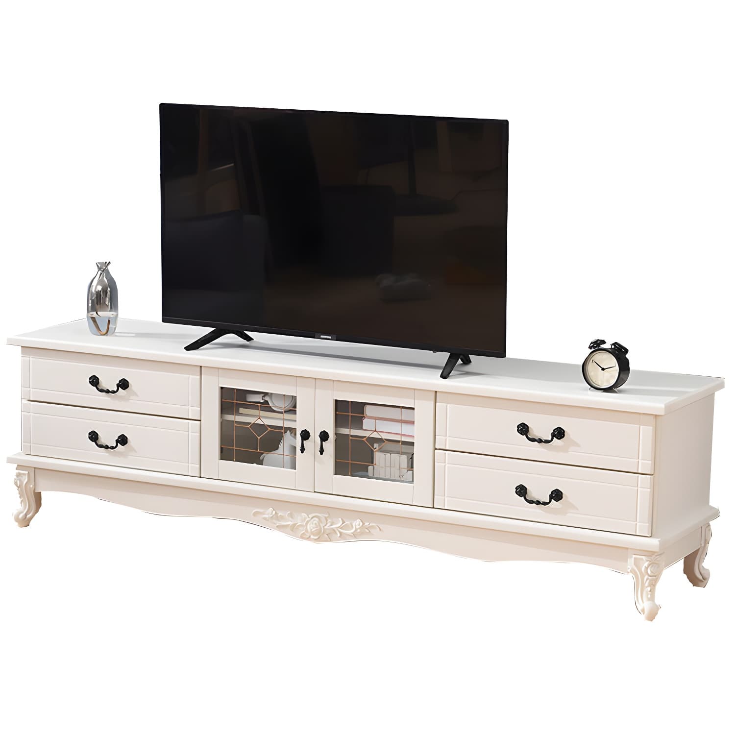 Traditional Solid Wood TV Cabinet Living Room Luxury TV Stand with Glass Doors thumbnail 5