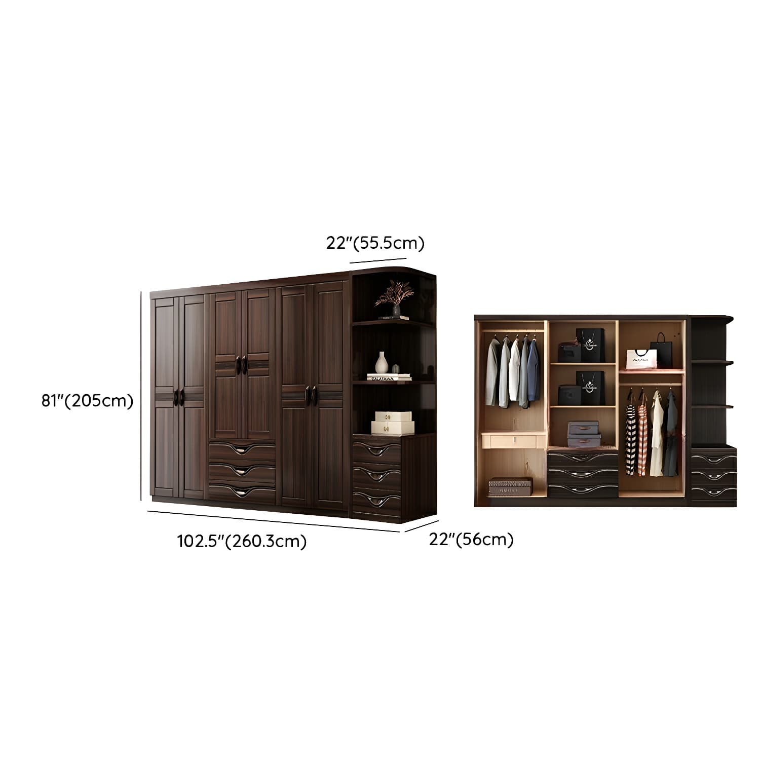 Traditional Black-brown Storage Wood Wardrobe with Clothing Rod and Shelves thumbnail 16