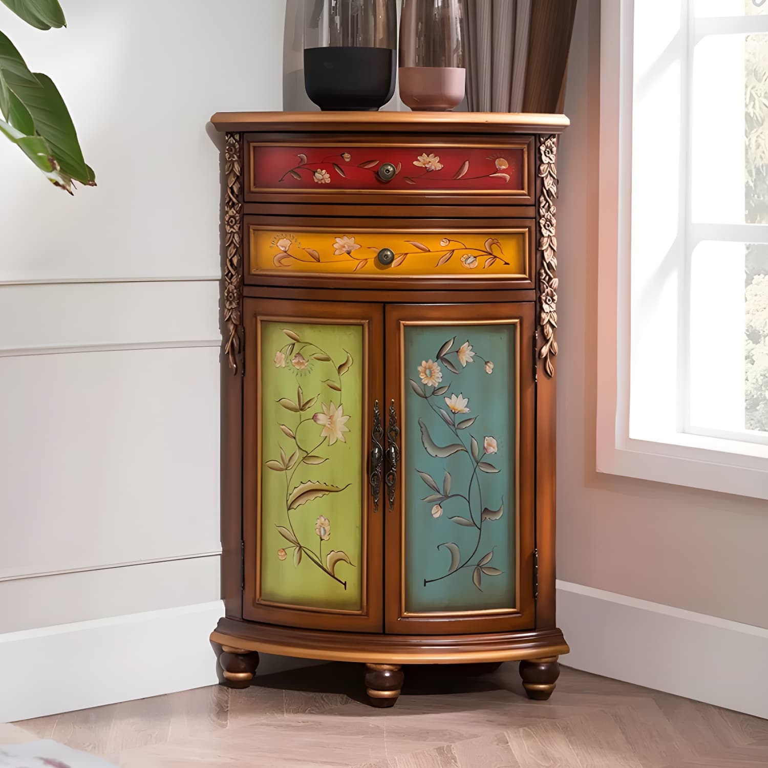 Rustic Corner Accent Cabinet with Wood Counter Top, Drawers, and Cabinet, Small Size thumbnail 11