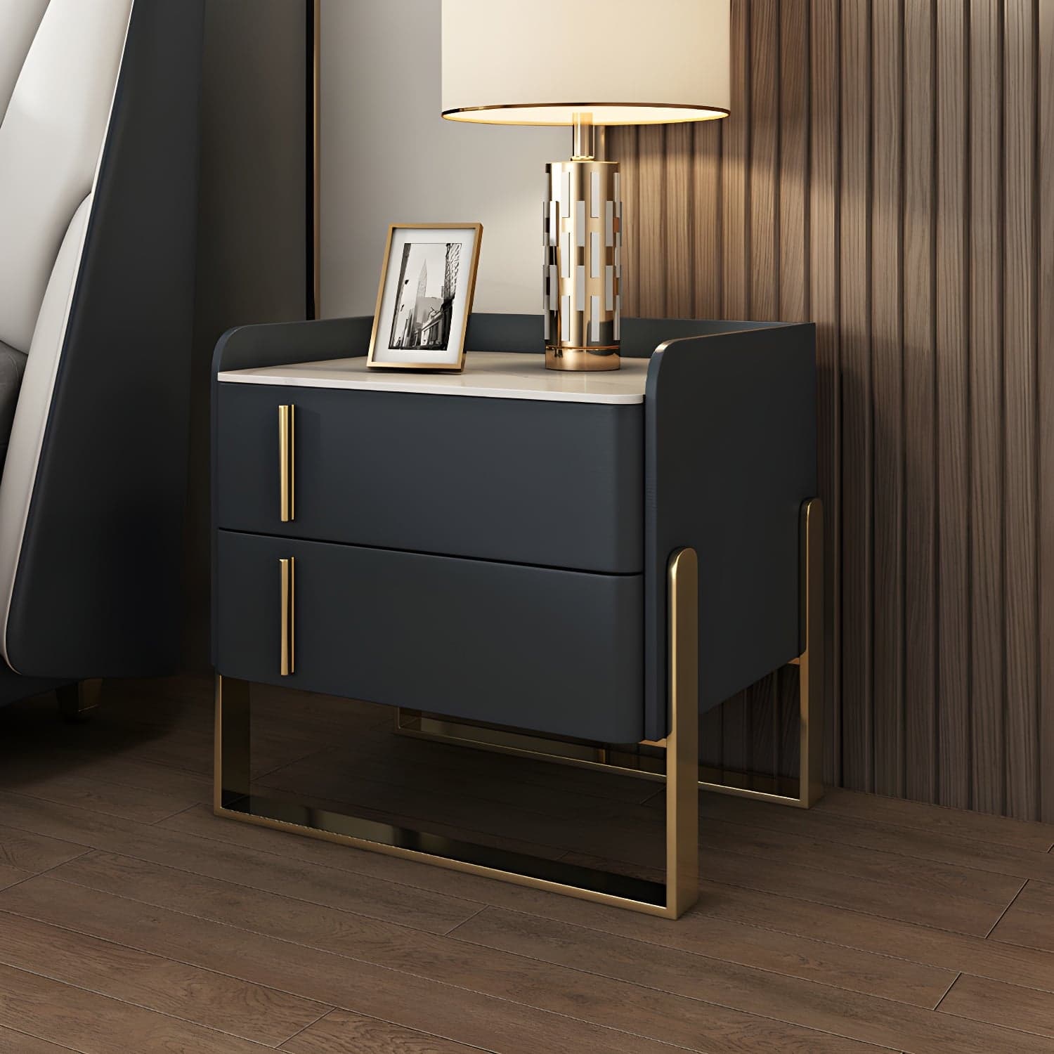 Glam Nightstand with 2 Drawer 20-inch Tall Leather Night Table thumbnail 7
