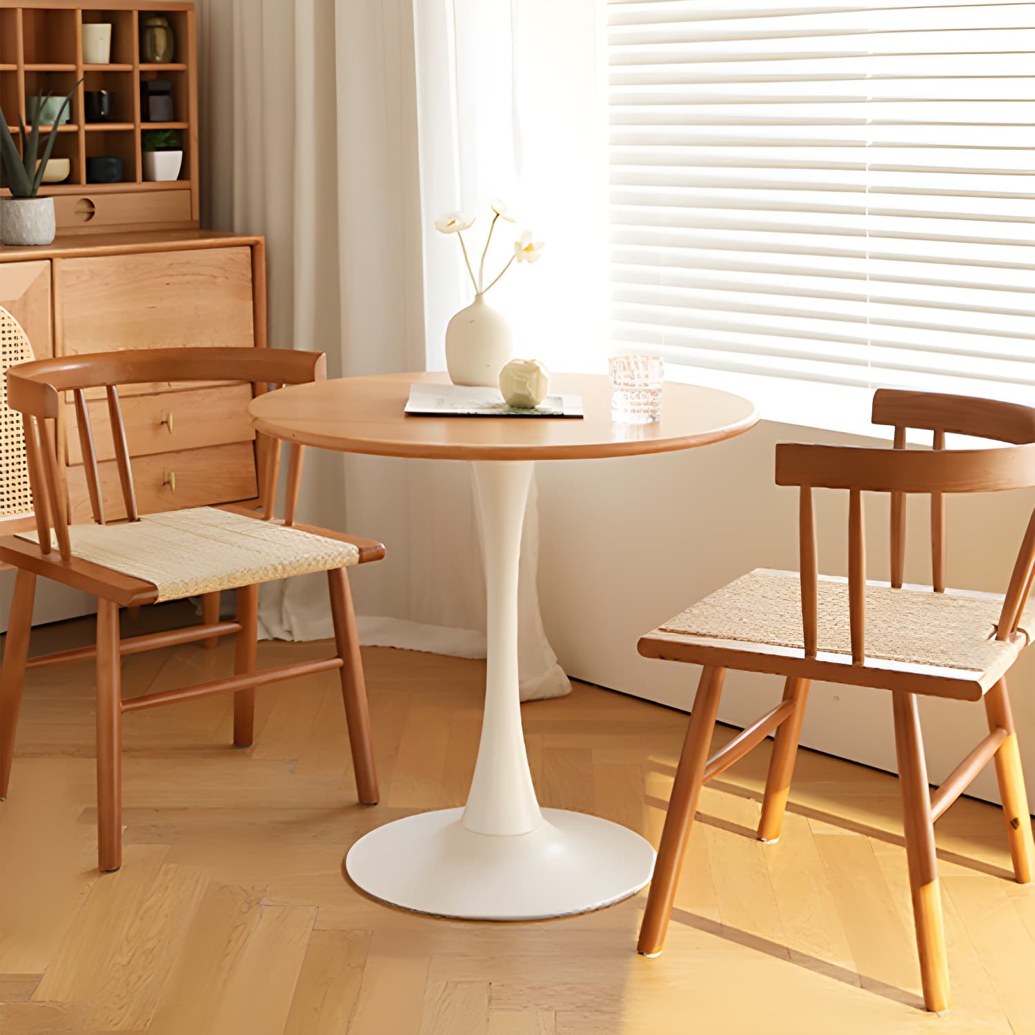 White Round Wood Dining Table with Steel Tulip Base, Modern Design thumbnail 5
