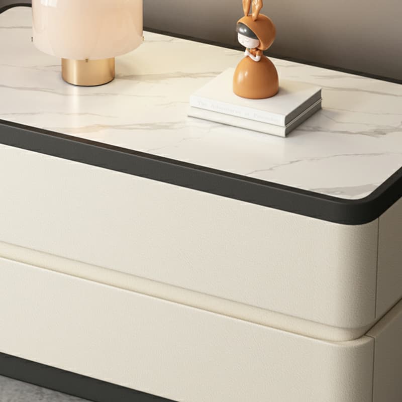 Modern Faux Leather Nightstand with 2 Drawers and Stone Countertop for Bedroom thumbnail 18
