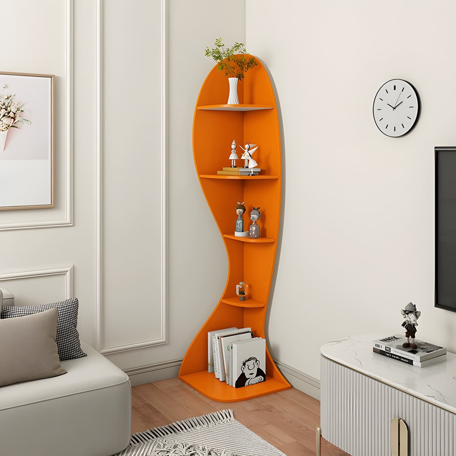 Corner Modern Accent Chest with Wood Counter Top and Open Shelves - 40cm X 40cm X 182cm - 4 Shelves thumbnail 5